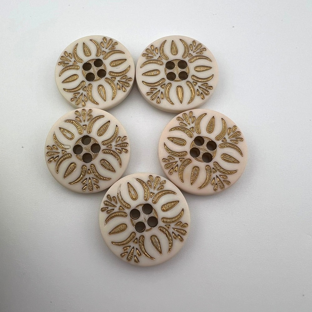 Set of 5 Ivory Gold Buttons 1 Inch Ornate Floral Celestial Style Craft Sewing